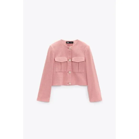 Pink Zara Textured Weave Button Front Cropped Long Sleeve Jacket (NWT) - Picture 7 of 7